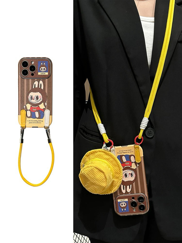 Labubu Phone Case – Leather-Texture Crossbody Case with Adjustable Strap & Detachable Straw Hat Pouch